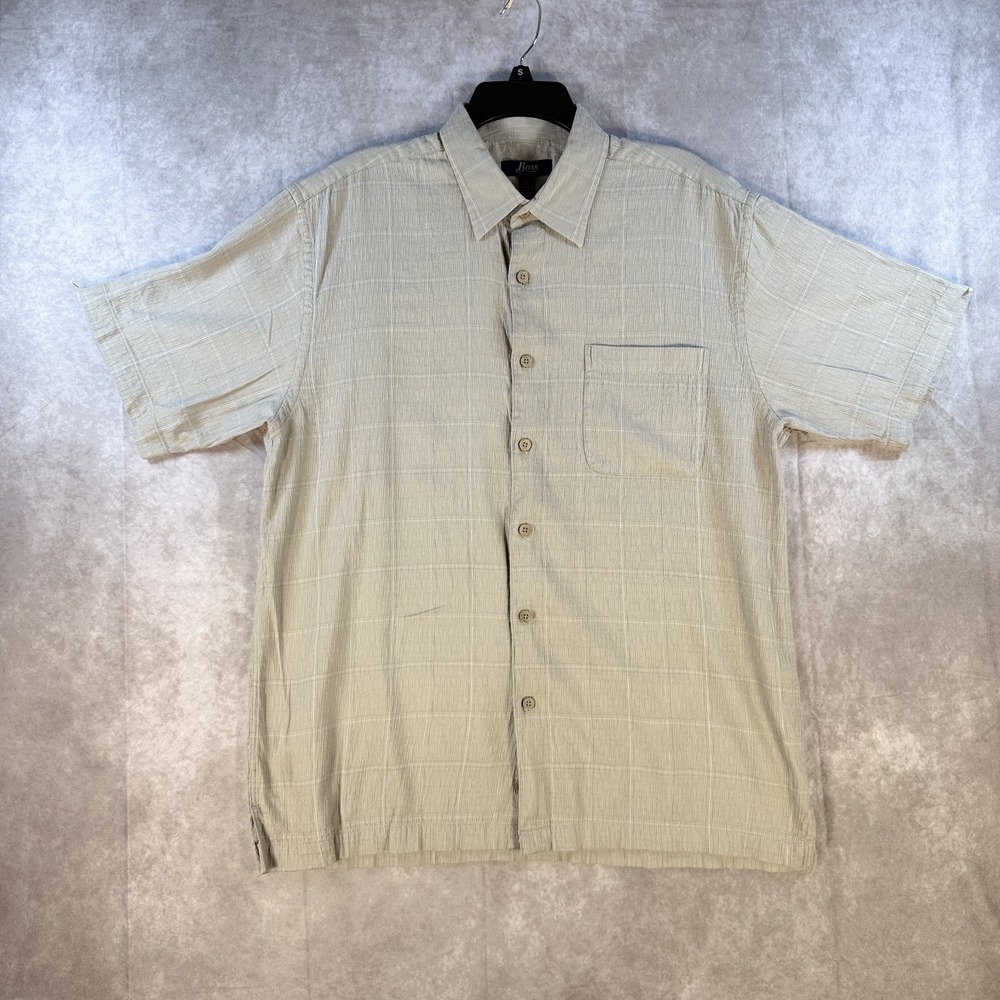G.H. Bass Co Button Up Shirt‎ Men Large Textured Grid Chest Pocket Short Sleeve